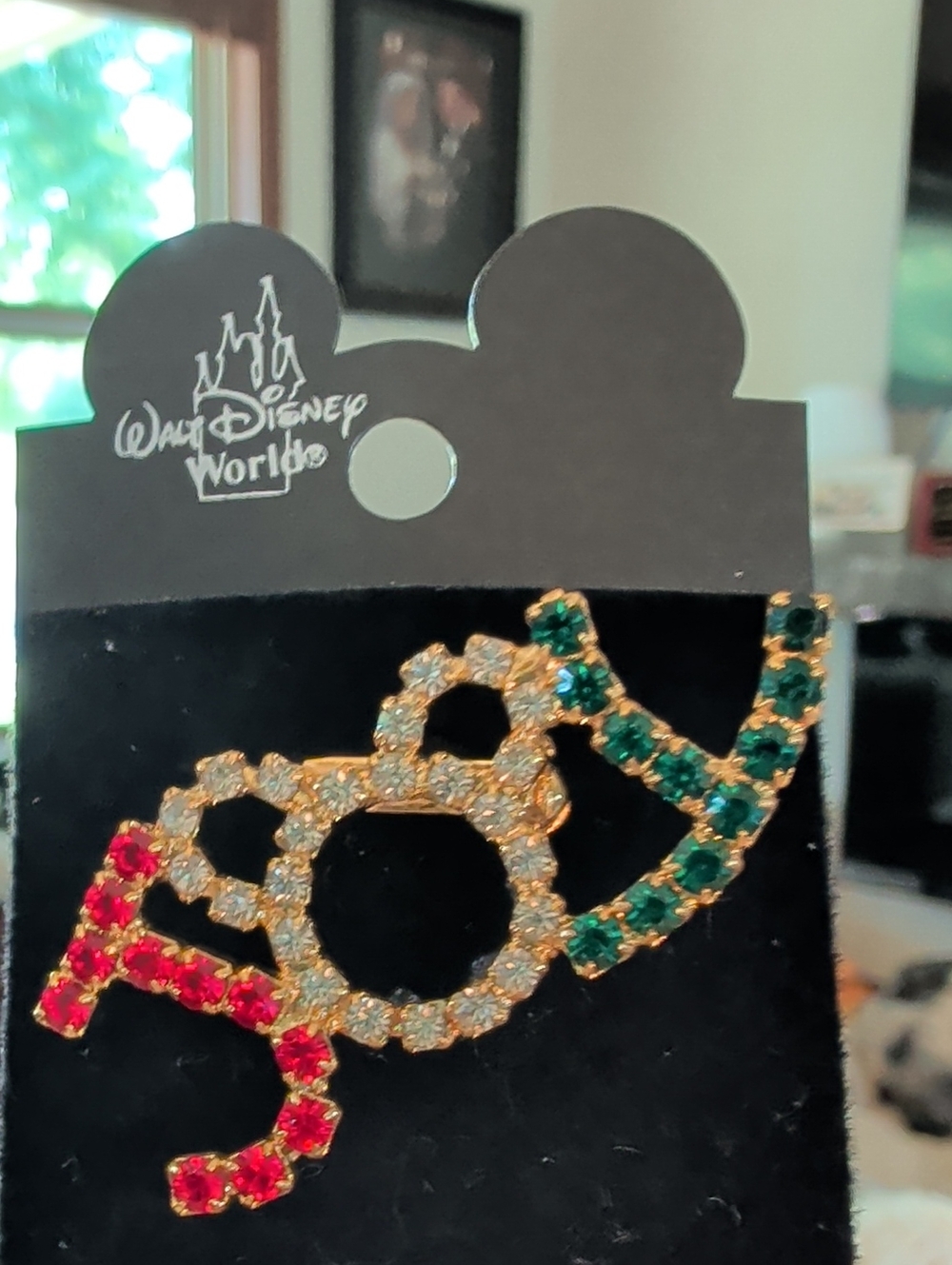 Walt Disney World Holiday "JOY" Rhinestone Brooch Pin Mickey Mouse Original Card